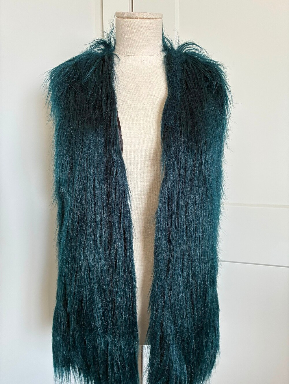 NWOT Unreal Fur Teal Emeral Green Shaggy Faux Fur Vegan Vest- Sz S